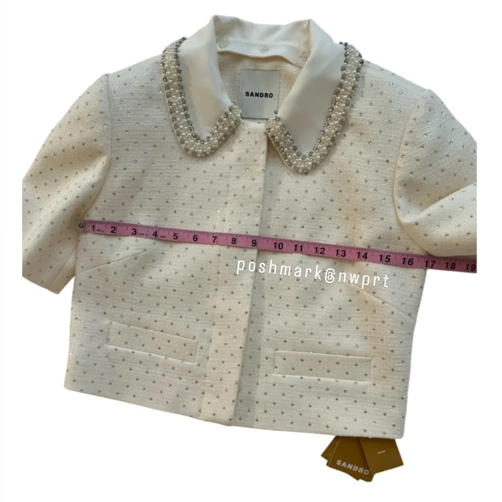 NWT 💯 SANDRO Paris Lahavane Rhinestone Crop Blazer Jacket Blouse Top 34 0 XS - Picture 9 of 13